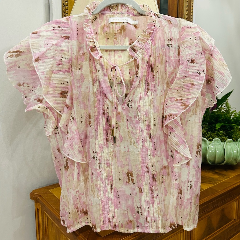 bishop + young Pink and Cream Watercolor Ruffle Blouse